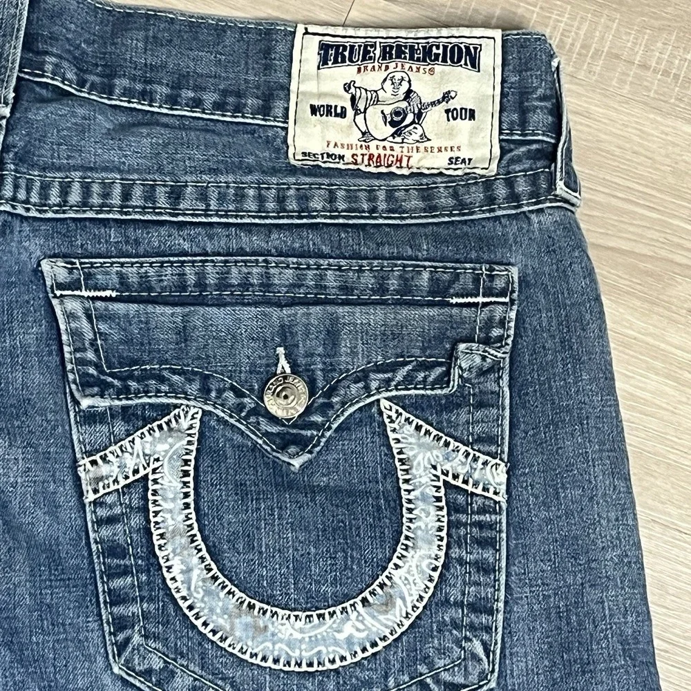 True Religion Men's Blue Denim Jeans Straight Leg W/Flaps Size‎ 38x25